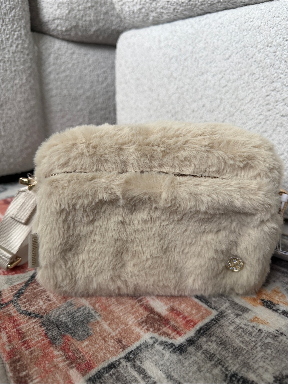 lululemon athletica Plush Faux Fur Crossbody in Beige with Gold Accent